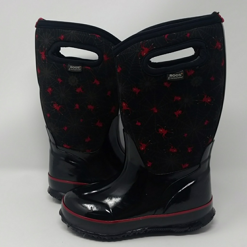 Bogs Kids Black Rain & Snow Boots with Red Spider Print